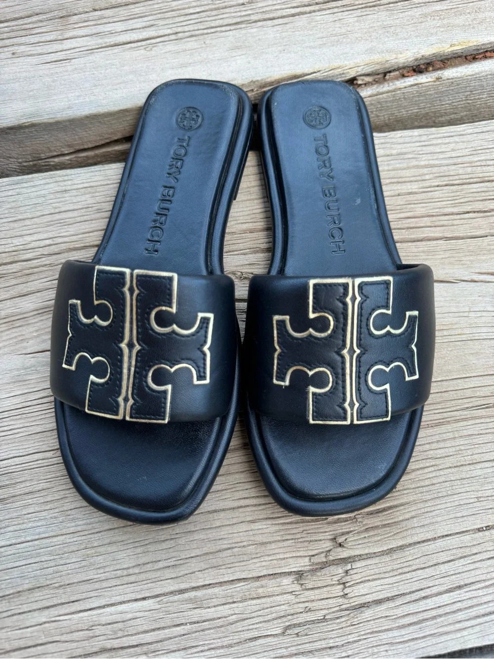 Tory Burch Black Slides with Gold Logo Stitching